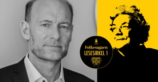 Svart-hvit bilde av Knut Olav Åmås, og bilde av omrisset av forfatter Margit Sandemo over gul bakgrunn. Tekst i bildet: Lesesirkel 1.