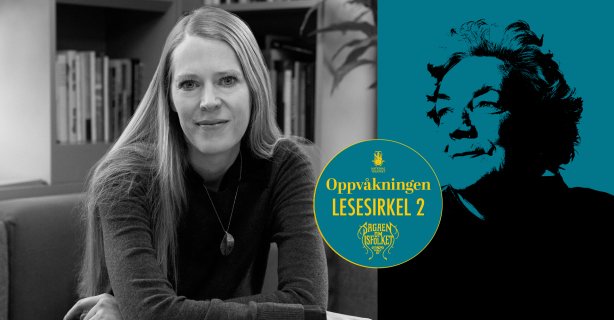 Svart-hvitt bilde av forfatter Hilde Susan Jægtnes ved siden av bilde av omrisset av forfatter Margit Sandemo over gul bakgrunn. Tekst i bildet: Lesesirkel 2.
