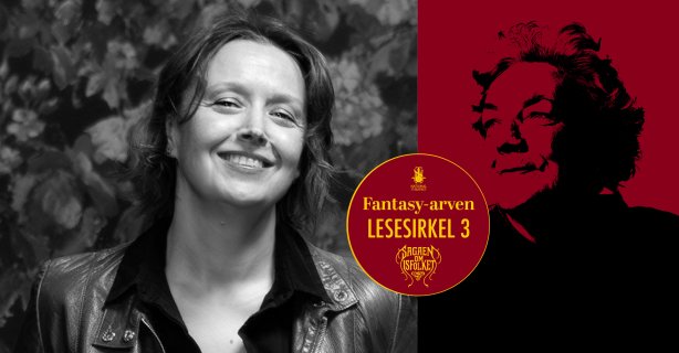 Svart-hvitt-bilde av forfatter Siri Pettersen ved bilde av omrisset av forfatter Margit Sandemo over gul bakgrunn. Tekst i bildet: Lesesirkel 3, Fantasy-arven.