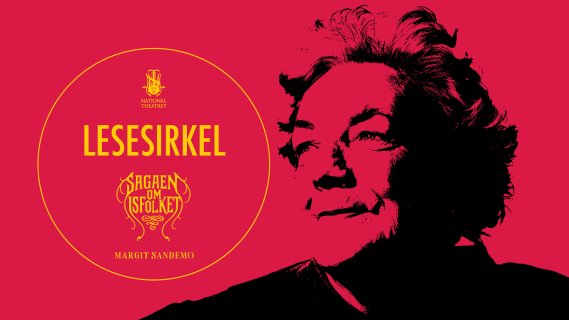 Bilde av omrisset av forfatter Margit Sandemo over gul bakgrunn. Tekst i bildet: Lesesirkel.